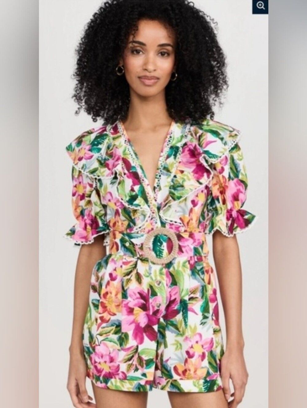 FARM RIO 🌴💐🌸 Off-White Painted Flowers Lace Trim Cotton Romper NO BELT Small